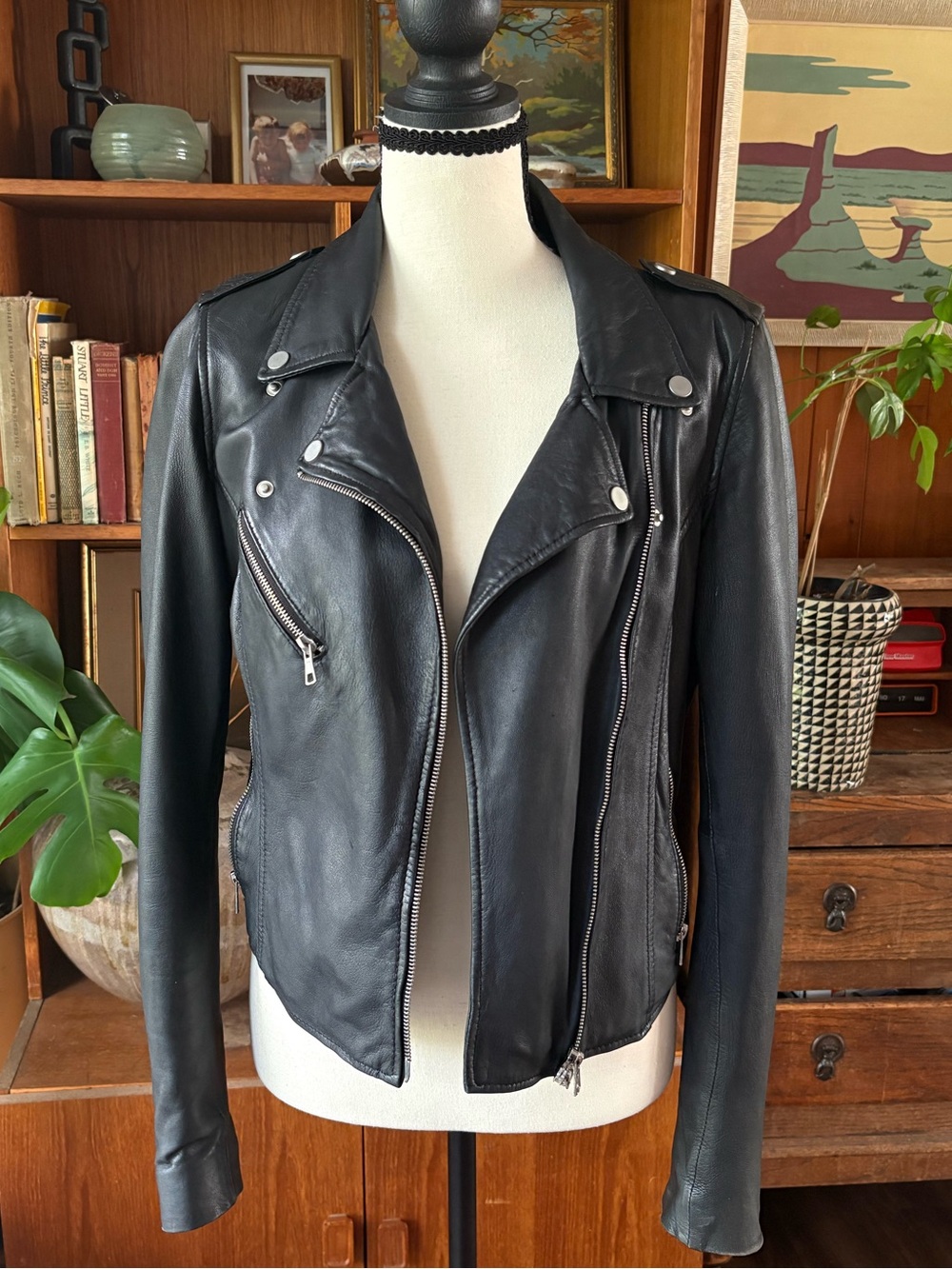 100% Leather Black Moto Jacket Zara L